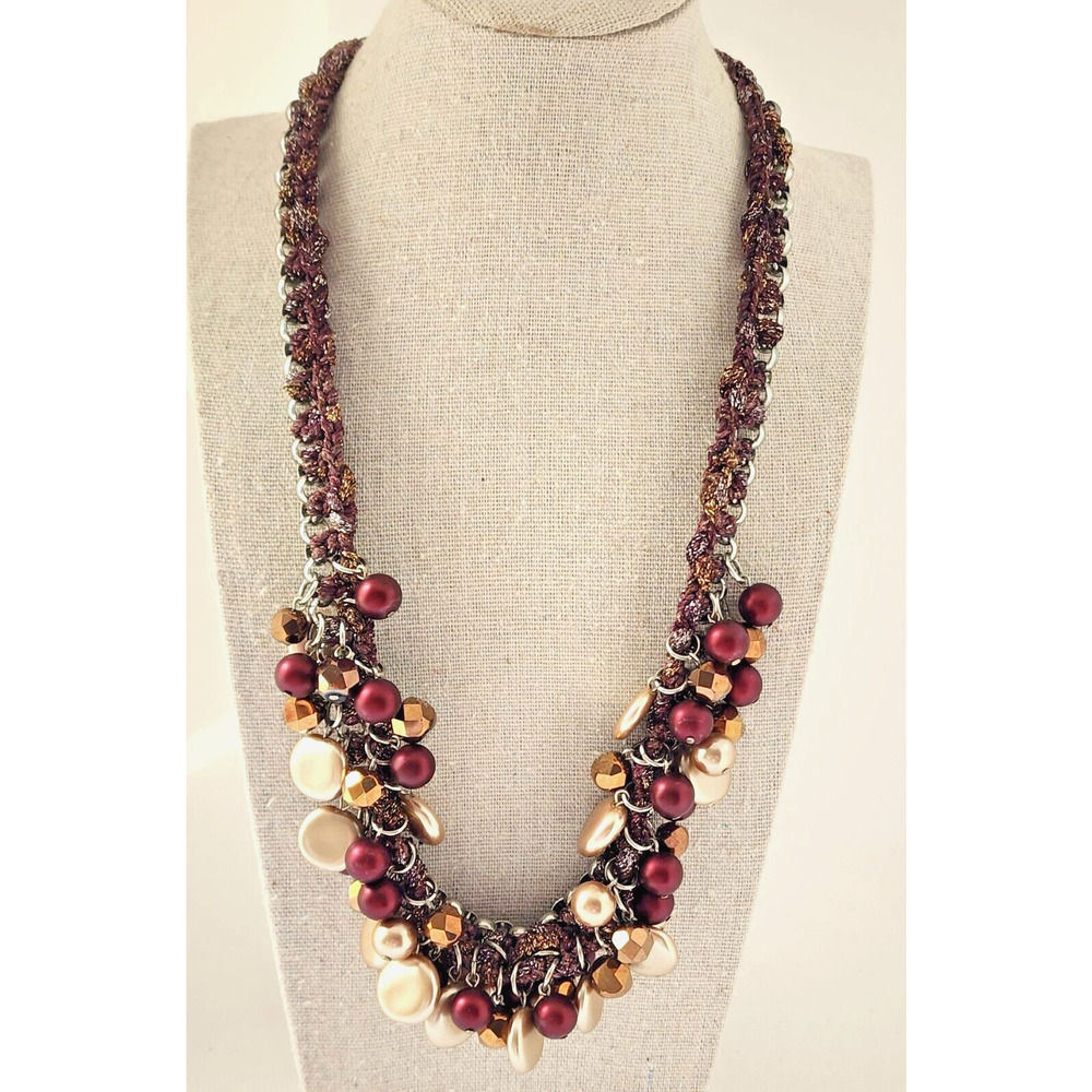 St. John Chunky Beaded Necklace Burgundy Gold Statement 21” Designer